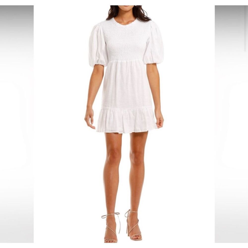Faithfull the Brand Lorica Coquette Linen Mini Dress Open Back Puff Sleeve Ruche